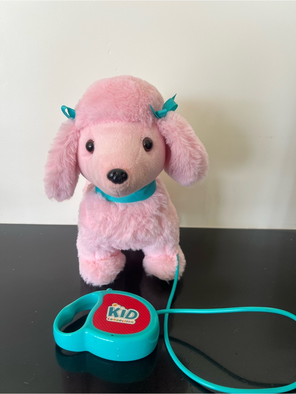 Pink Plush Poodle with Teal Toy Leash